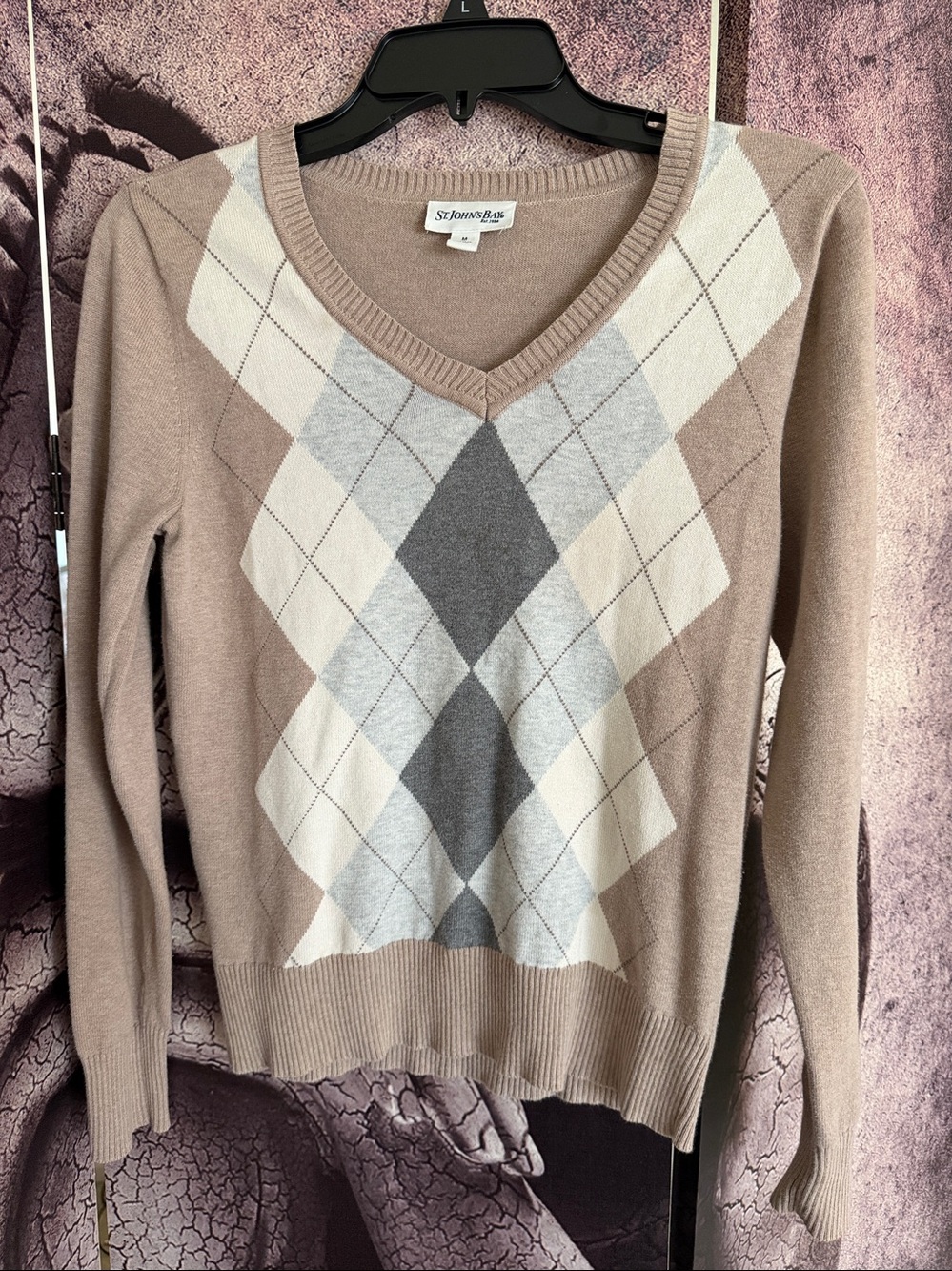 St. John's Bay Taupe Argyle V-Neck Sweater with Cream and Gray Diamonds